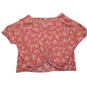 SO Womens Pink Paisley Floral Gauze Cropped Button Top M Twist Front‎ Cottage